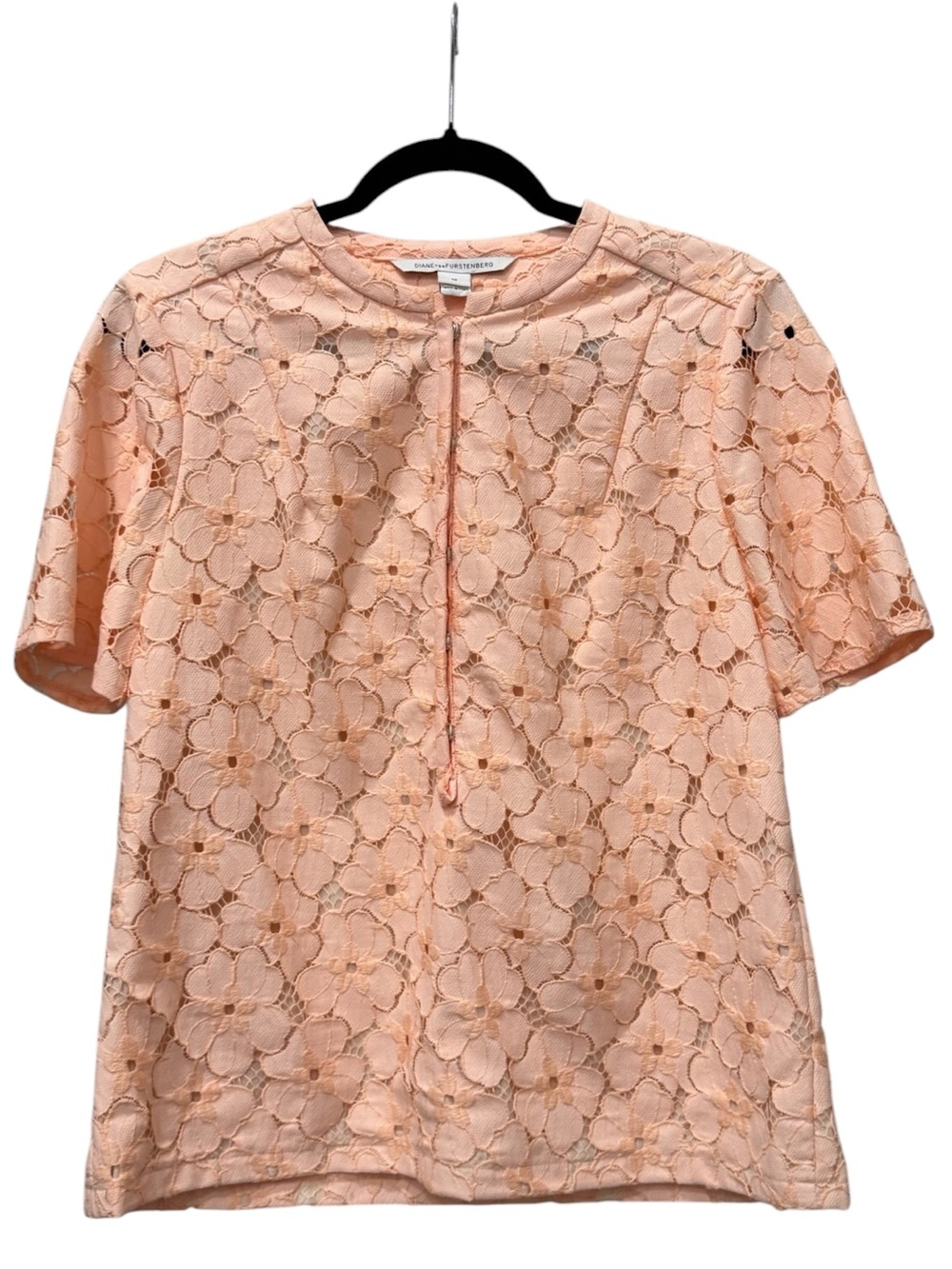 Diane Von Furstenberg Blush Pink Floral Lace Short Sleeve Keyhole Blouse Size 10